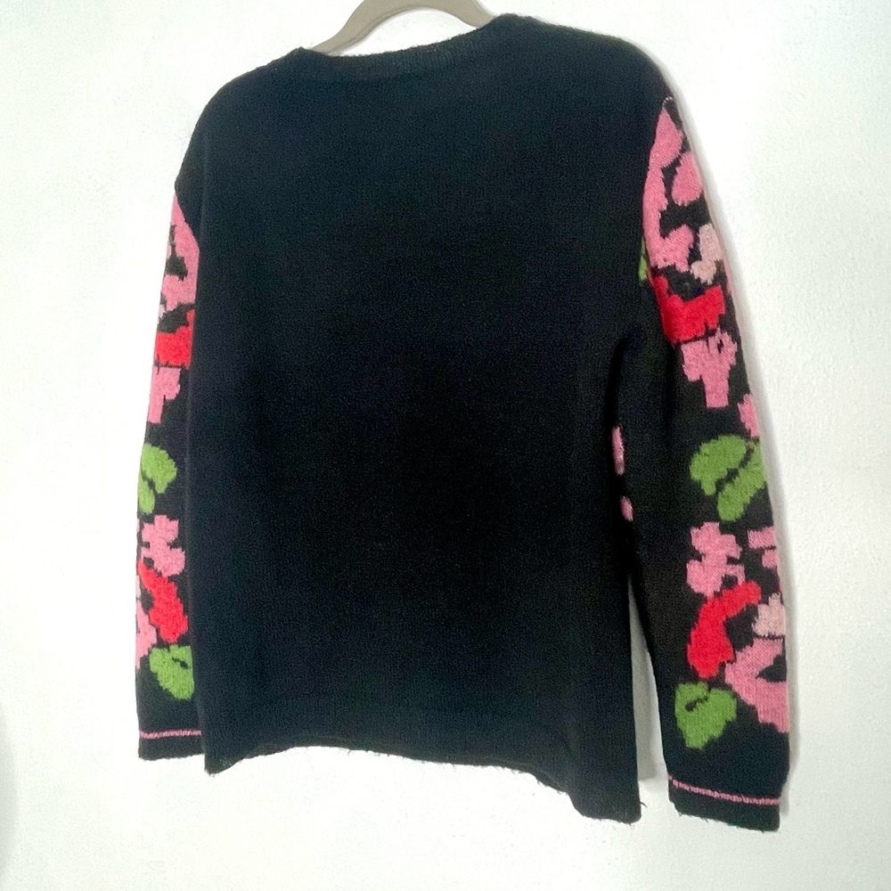 Sundance Black Crewneck Sweater with Pink & Green Floral Sleeves - Picture 3 of 5